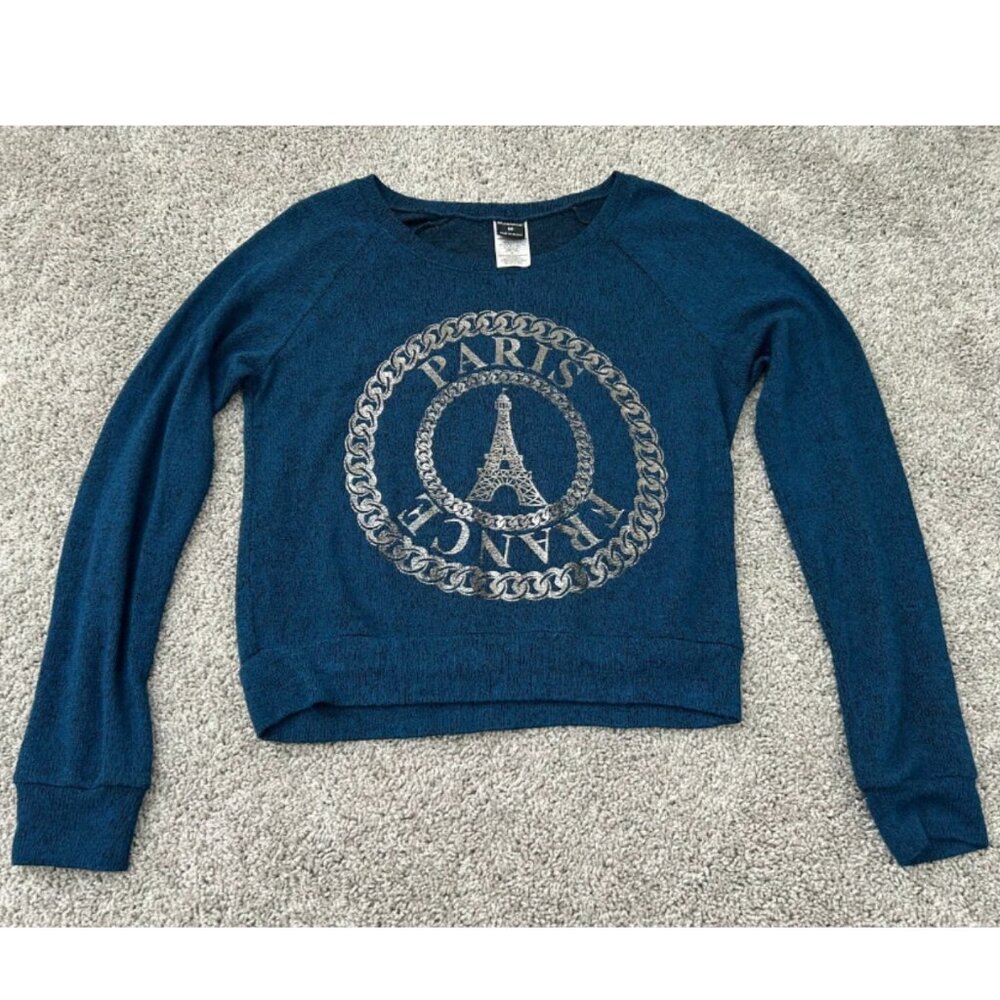 Stranded Y2K Navy Blue Silver Paris Sheer Knit Sweater Top Medium